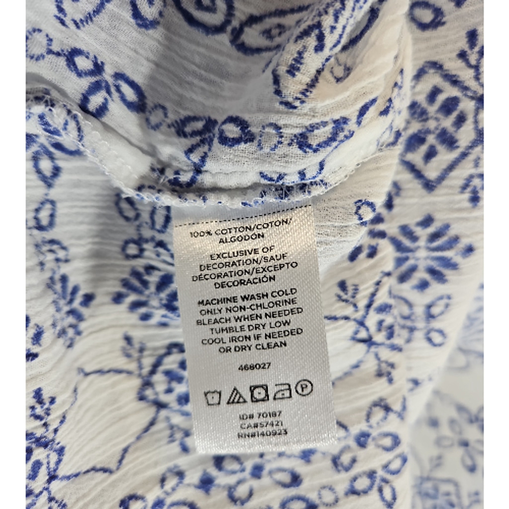 LOFT Ann Taylor Blue White Peasant Blouse Women L Boho Long Sleeve Cottagecore - Picture 7 of 7